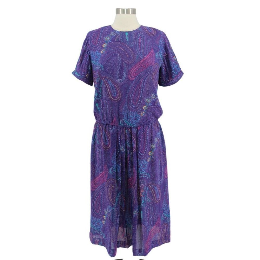 Vintage 80s Purple Paisley Print Chiffon Short Sleeve Elastic Waist Dress Size M